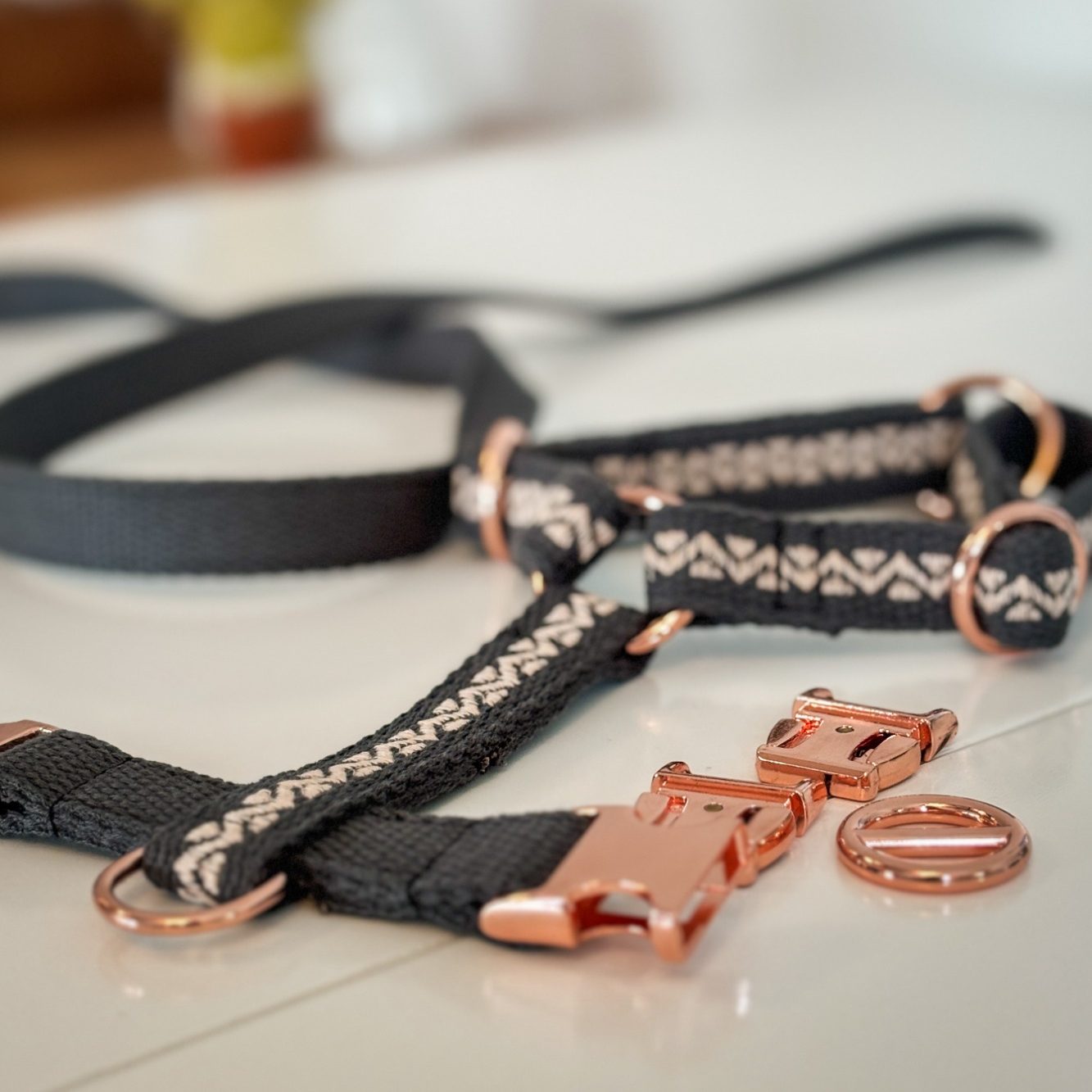 Nahaufnahme eines maßgefertigten Hundegeschirrs aus Baumwollgurtband – ergonomisch & stilvoll.